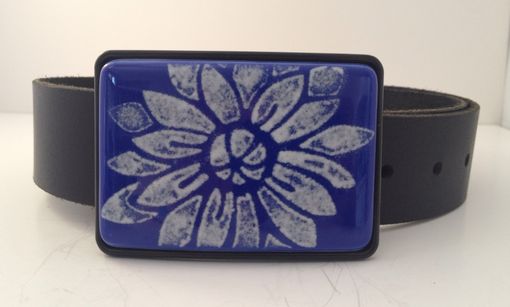 Custom Made White Flower On Bright Deep Blue Fused Glass Belt Buckle