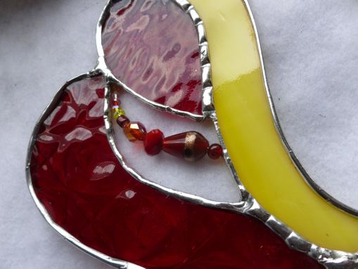 Custom Made Red And Yellow Stained Glass Heart With Beads And Crystals
