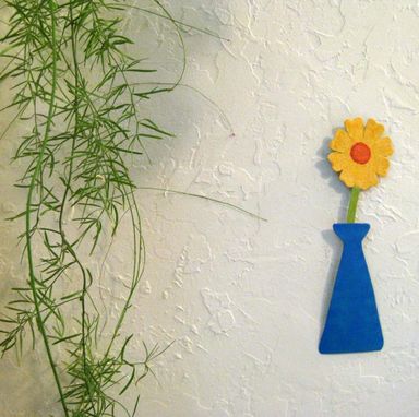 Custom Made Metal Flower Vase Wall Art Sculpture In Blue And Yellow Recycled Metal