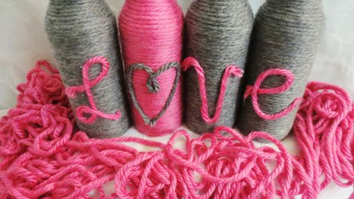Custom Made Yarn Wrapped Grey And Pink Love Bottles