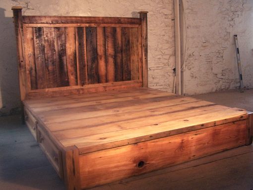 Custom Made Reclaimed Rustic Pine Platform Bed With Headboard And 4 Drawers