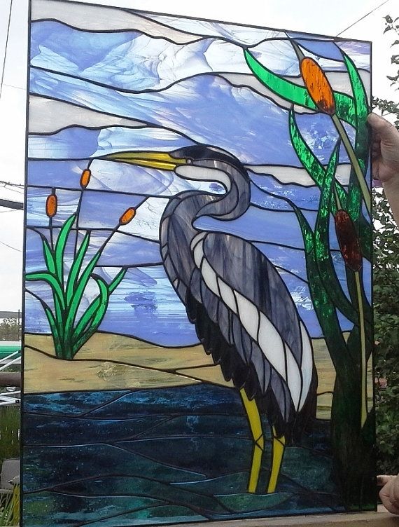 Hand Made Stained Glass Window "Blue Heron" (W57) by Terraza Stained