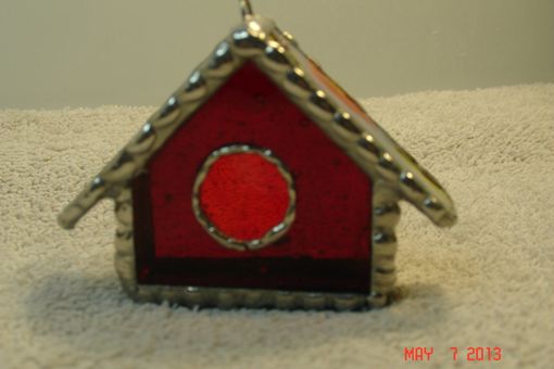 Custom Made Empty Nest Bird House Ornament In Classic Red With Pink / Green Streamer Roof
