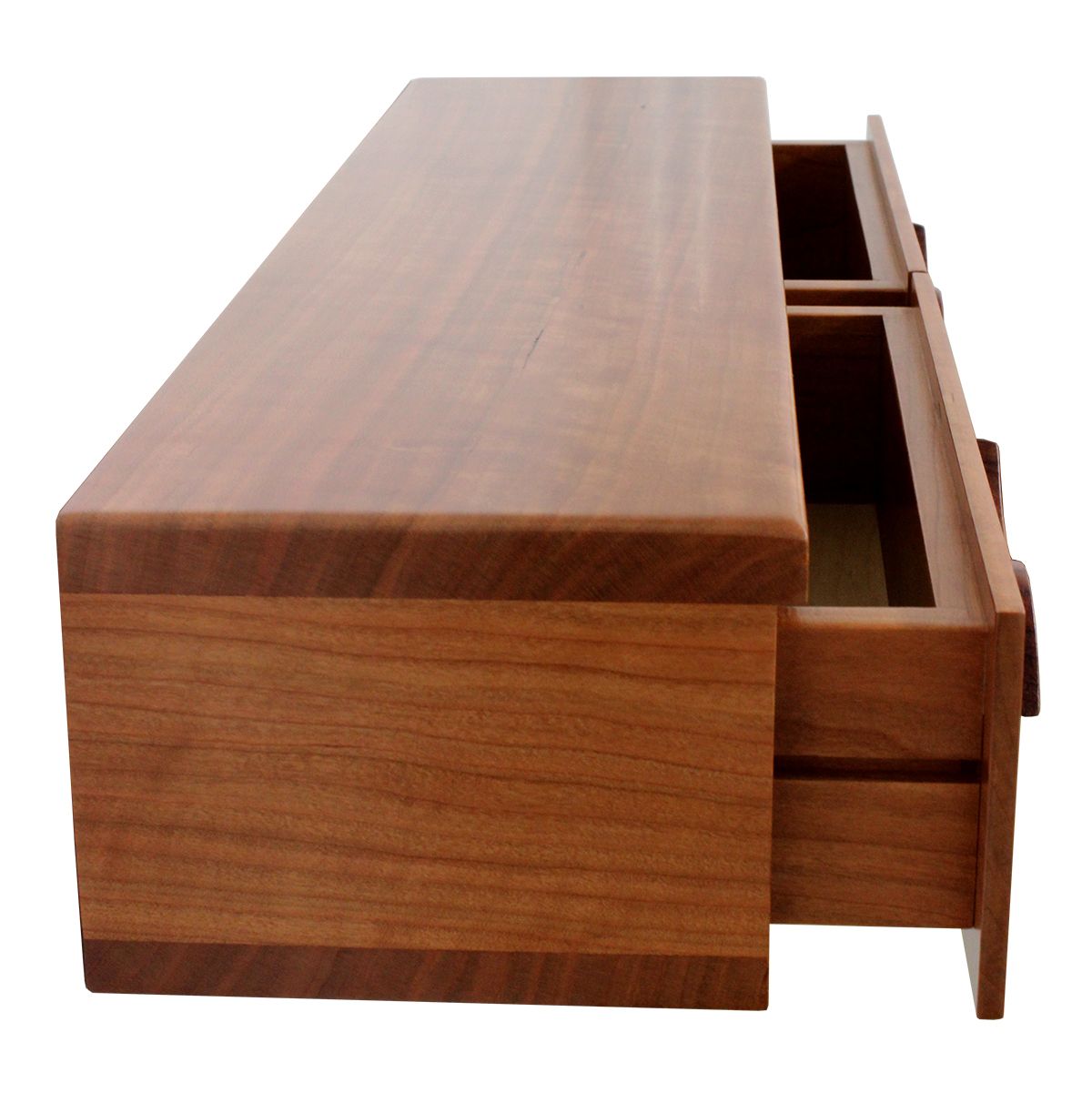 Hand Crafted 2 Drawer Floating Shelf Solid Cherry Wood Custom Made 2 Drawer Floating Shelf Solid Cherry Wood Hand Carved Bubinga Pulls