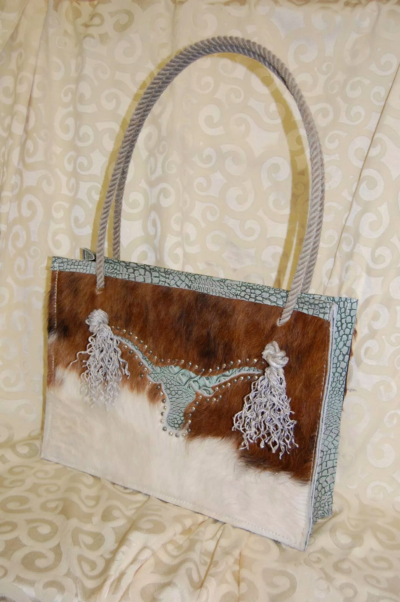 Hand Crafted &#39;Rancher&#39;s Wife&#39; Custom Hair-On Cowhide Leather Purse With Rope Handles by Bar C ...