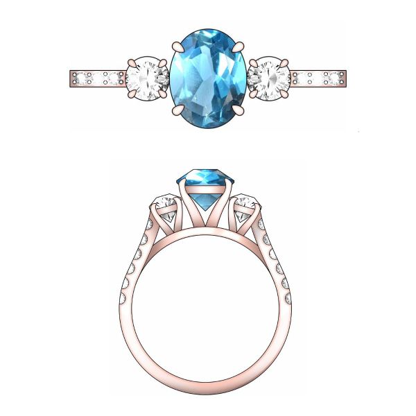 This three stone engagement ring has the center topaz and diamonds lifted in a cathedral setting.