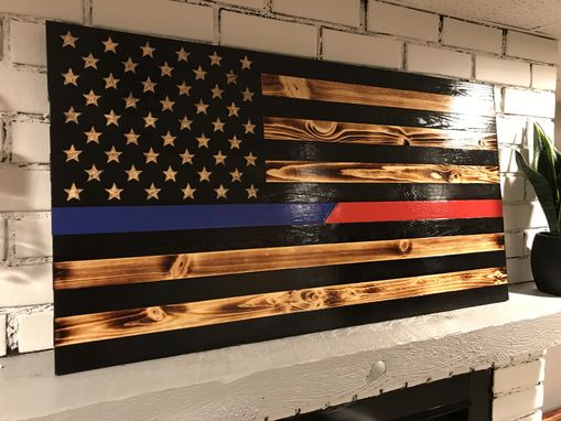Custom Made Half Thin Blue And Half Thin Red Line Rustic Charred American Flag