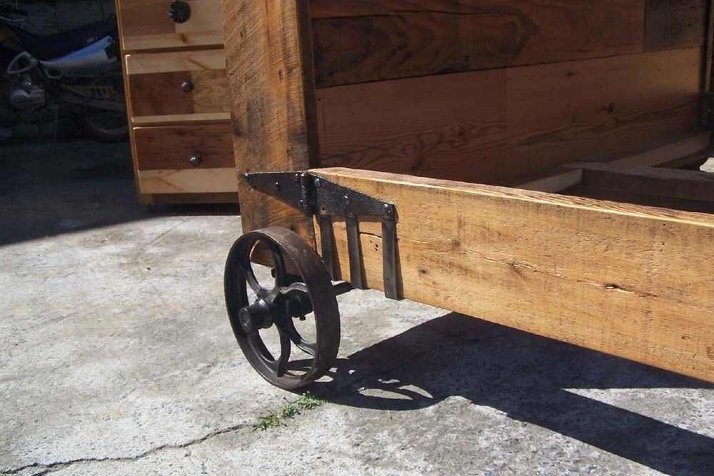Buy Hand Made Steampunk Bed From Reclaimed Wood And Vintage Iron Wheels, made to order from The