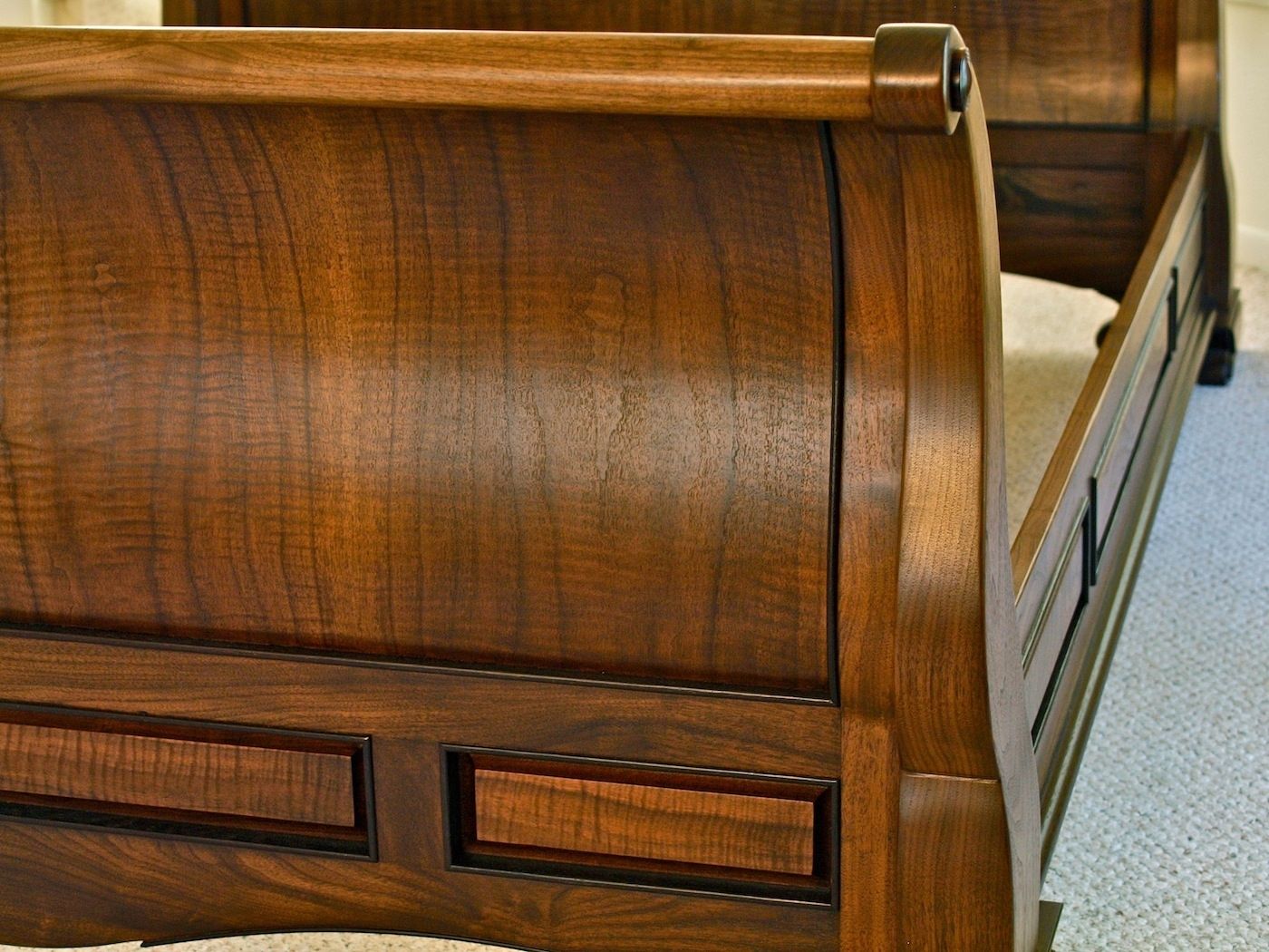 Custom Figured Walnut Sleigh Bed by Louis Fry Craftsman In Wood
