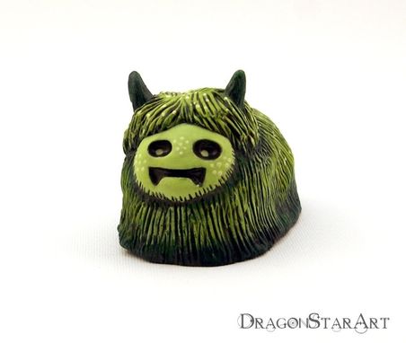Custom Made Green Clay Monster Sculpture, Hairy Mossy Beast Painted Sculpture
