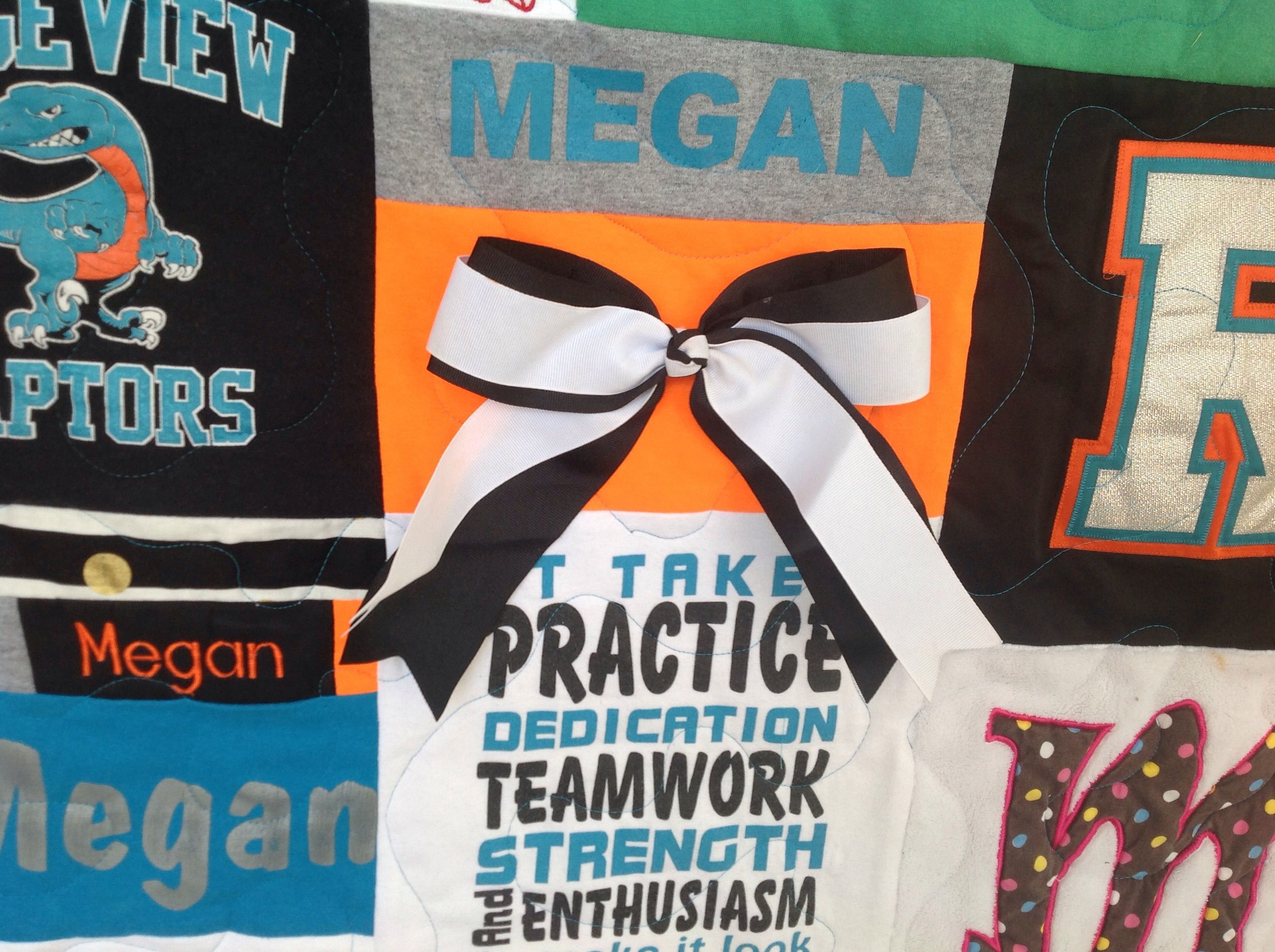 Hand Crafted Custom Cheerleading Uniform Tshirt Memory Quilt With Bow And Award Medals