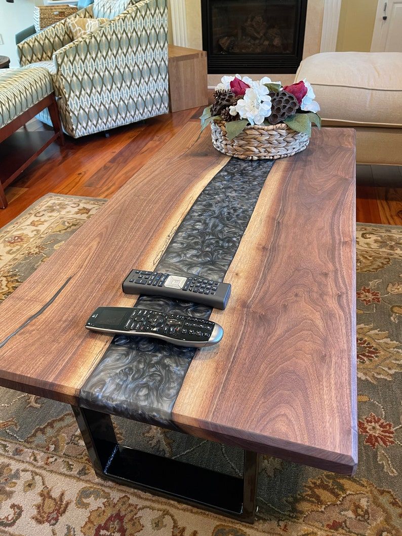 Custom Made Walnut Coffee Table With Epoxy, Epoxy Coffee Table, Modern
