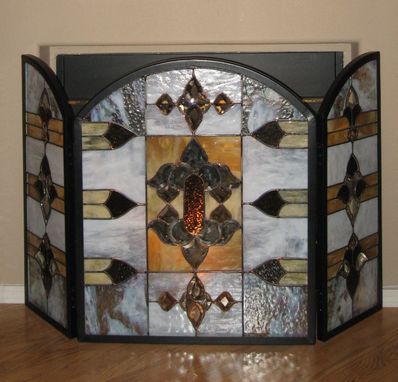 Custom Made Stained Glass Fire Screen With 2 Matching