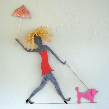 Custom Made Handmade Upcycled Metal Lady Walking Dog Wall Art Sculpture