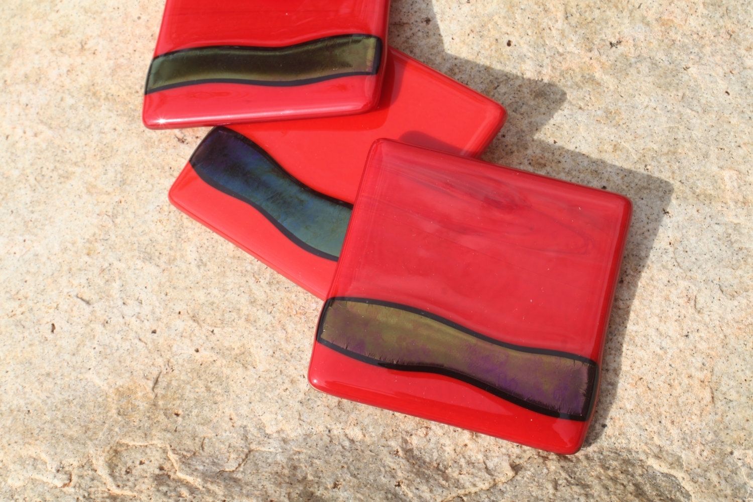 Hand Made Red Glass Coasters In Set Of 4 by J.M. Fusions LLC