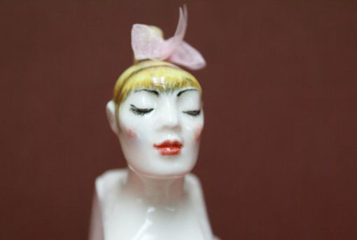 Custom Made Porcelain Teapot, Blond Girl W/ Real Pink Ribbon In Lace Trim Polka Dot Suit