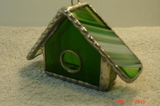 Custom Made Empty Nest Bird House Ornament In Bright Green With White And Green Swirled Roof In Stained Glass