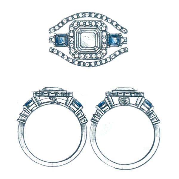 This Art Deco style engagement ring features an Asscher cut moissanite surrounded by a moissanite halo and two sapphire side stones.