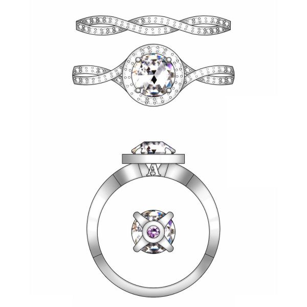 A halo of diamond accents surrounds the glassy rose cut center diamond in this engagement ring.