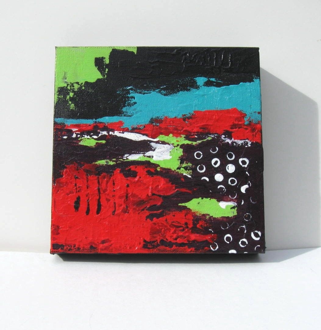 Hand Made Red Abstract Painting Touch Of Turquoise Original