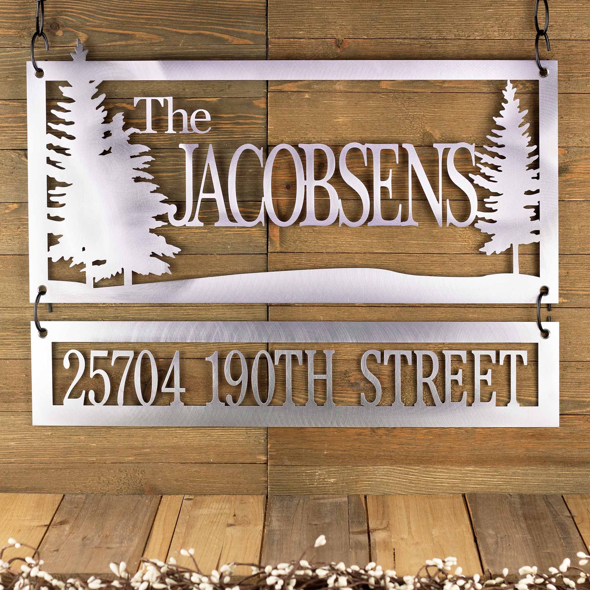 Buy Hand Made Custom Name And Address Metal Sign, Pine Trees, Outdoor