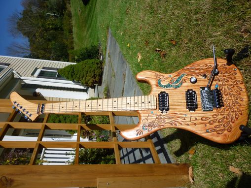 Custom Made Hand Carved Peacock Electric Guitar With Turquoise Accents