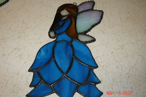 Custom Made Stained Glass Fairy / Angels With Flower Dress In Cobalt Blue With Blown Hair