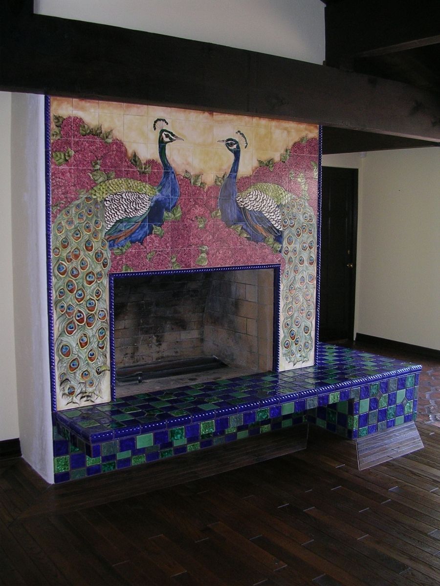 Hand Made Ceramic Tile Peacock Fireplace by The Clay Palette