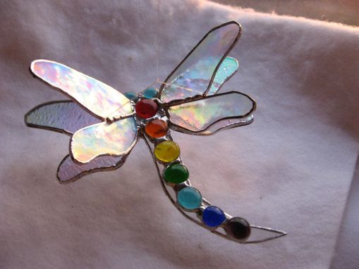 Custom Made Double Winged Stained Glass Dragonfly In Chakra Colors