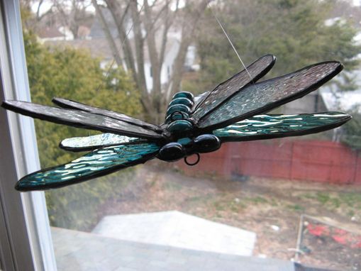 Custom Made Double Winged Dragonfly Stained Glass Art In Aqua And Teal