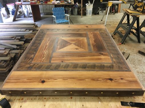 Custom Made Heart Pine Table With Black Walnut Inlay.