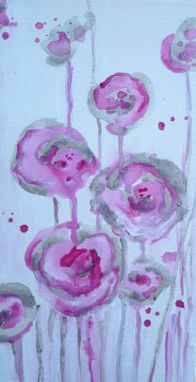 Custom Made Pink Roses Painting Original Abstract-6"X12" Pink White Silver Flowers