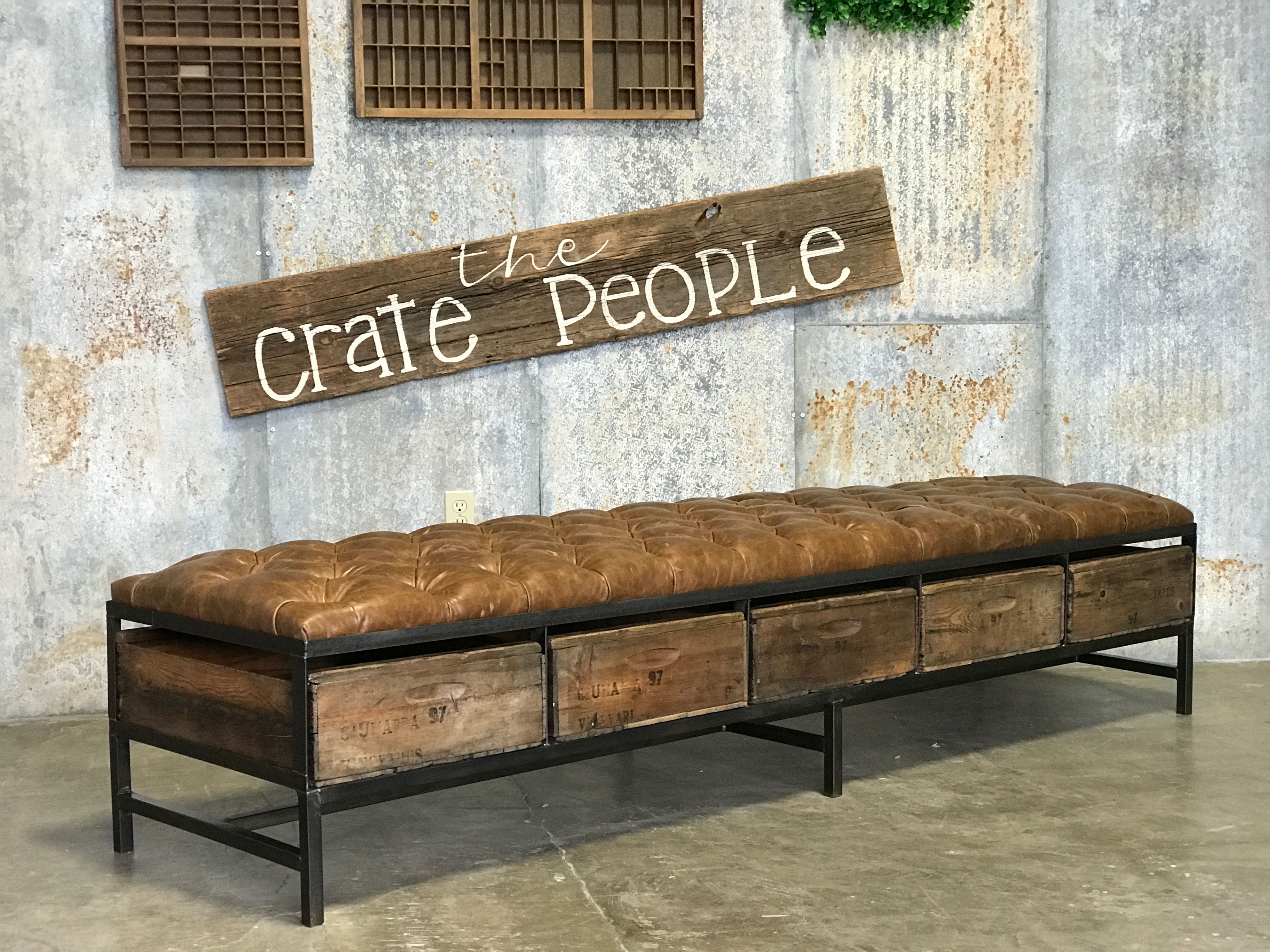 Buy Hand Made Distressed Leather Tufted Bench With Vineyard Crates