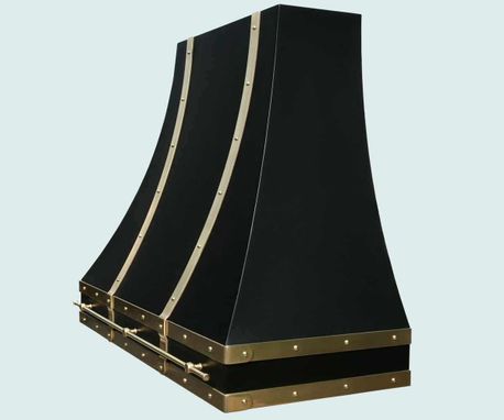 Custom Made Black Range Hood With Brass Straps & Pot Rail