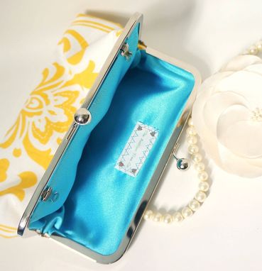 Custom Made White And Yellow Clutch With Damask Print