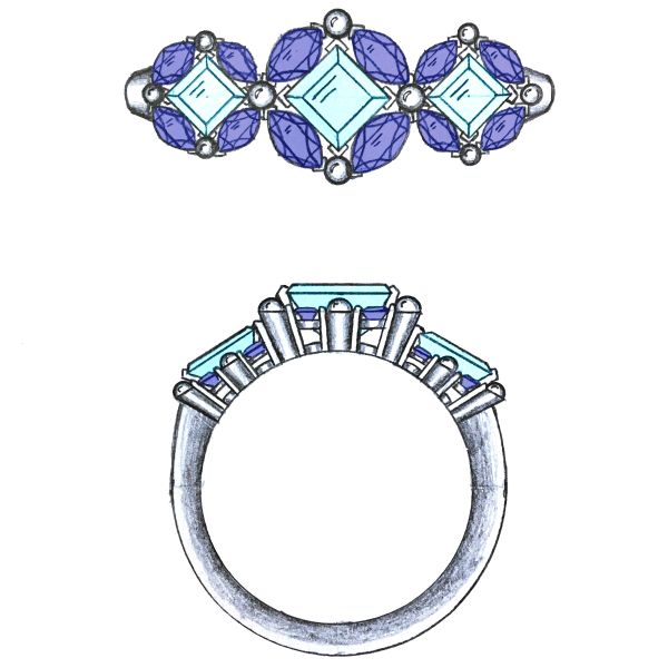 我们的设计草图，一个独特的戒指与marquise蓝宝石光环周围的正方形海蓝宝石。
