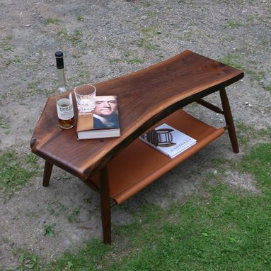 Custom Made Walnut Coffee Table - Live Edge - With Hand Stitched Leather Magazine / Book Shelf