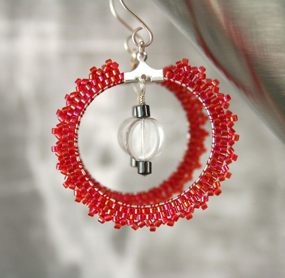 Hand Made Red Seed Bead Hoop Earrings By Three Fates Design Hand Made Red Seed Bead Hoop Earrings By Three Fates Design Custommade