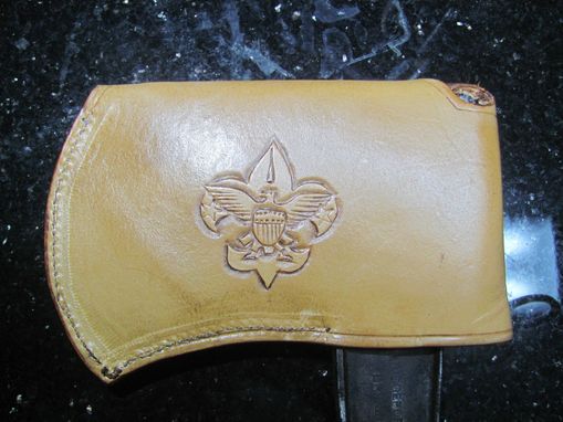 Custom Made Leather Hatchet Cover Carved With Boy Scouts Of America Logo