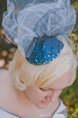 Custom Made Raquel - Beaded Blue Brocade Fascinator With Tulle Handmade From Vintage Materials