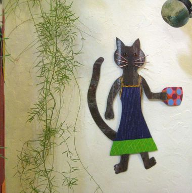 Custom Made Handmade Upcycled Metal Coffee Cat Wall Art Sculpture In Blue And Green