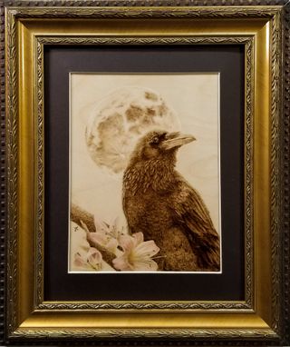 Custom Made Romantic Raven Pyrography Wood Burning Framed Portrait