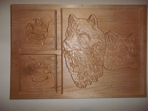 Custom Made Pair Of Wolves Carving With Footprints