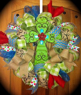 Custom Made Colorful Ribbon And Cross Wreath