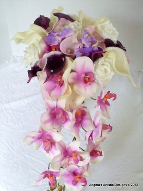 Custom Made Wedding Cascade Bouquet, Orchid And Calla Lily Real Touch