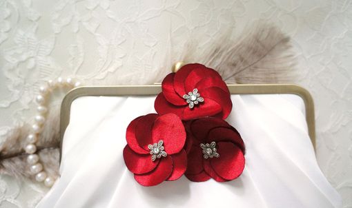 Custom Made Art Deco Clutch Purse With Handmader Red Satin Flower Accents