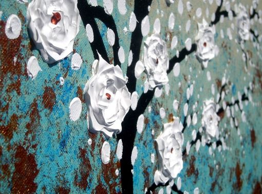 Custom Made Original Abstract Tree Painting, Textured Cherry Blossom Flowers, 2x4ft Abstract Metallic White