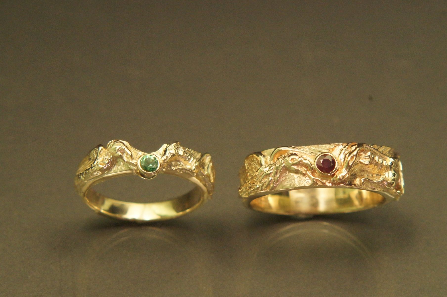 Hand Crafted Dragon Phoenix Carved Rings By Frank Goss Goldsmith Custom Made Dragon Phoenix Carved Rings