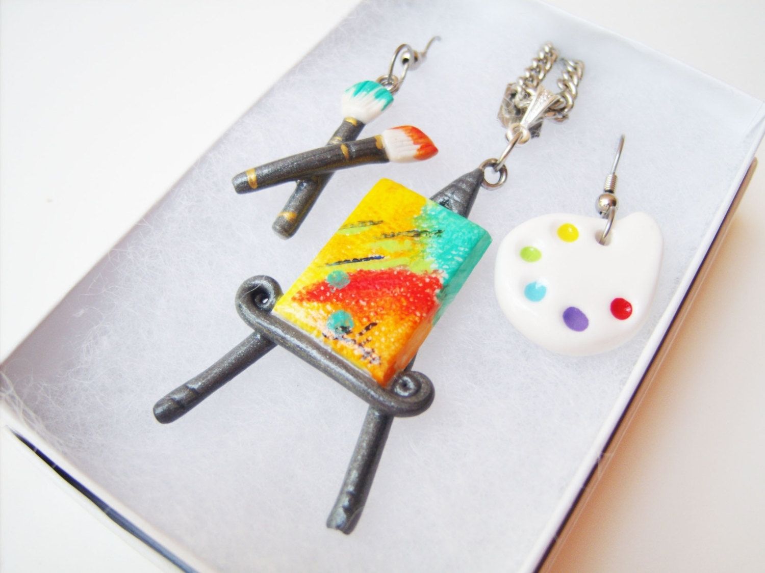 Handmade Painters Palette & Paintbrush Earrings Miniature Canvas And