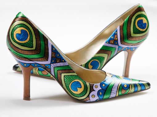 Custom Made Hand Painted Shoes- Peacock Lady Pumps- Peacock Painted Heels